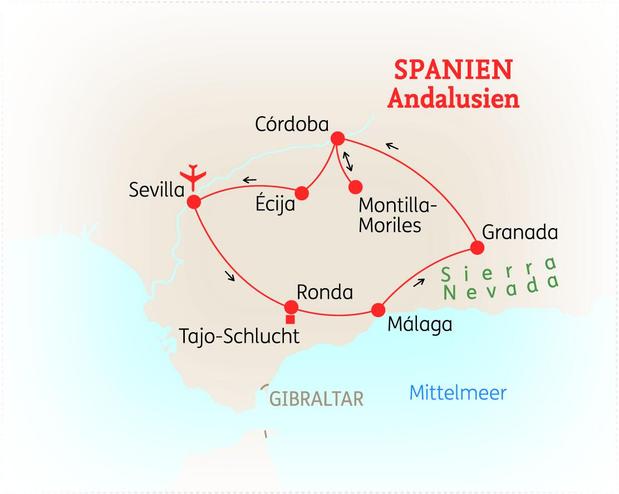 Reiseroute der 9-tägigen Andalusien Reise