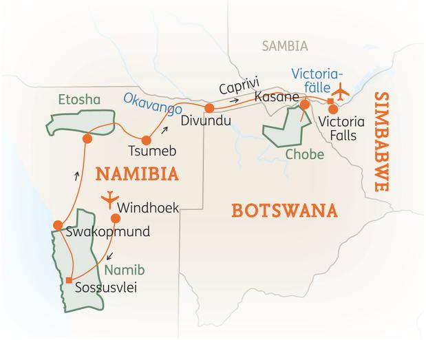 Reiseroute der 15 Tage Namibia & Botswana Reise
