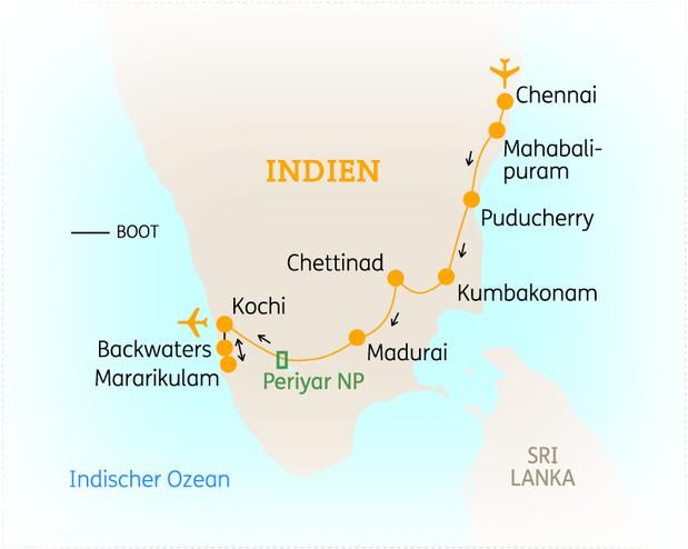 Reiseroute der 16 Tage Indien Reise