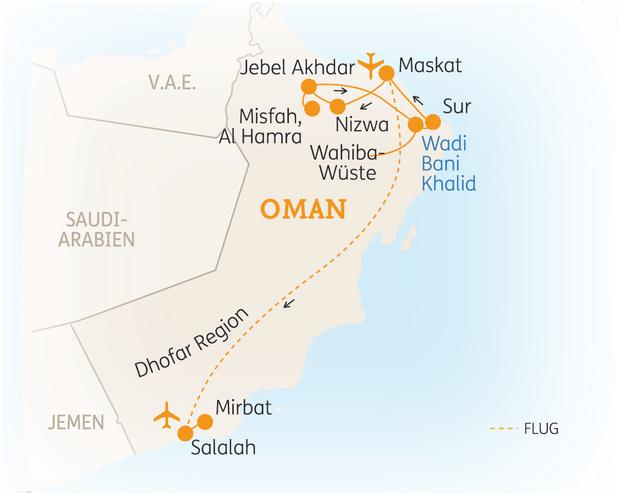 Reiseroute der 9-tägigen Oman Rundreise