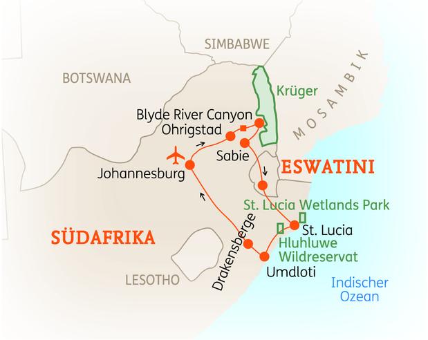 Reiseroute der 14 Tage Südafrika Reise