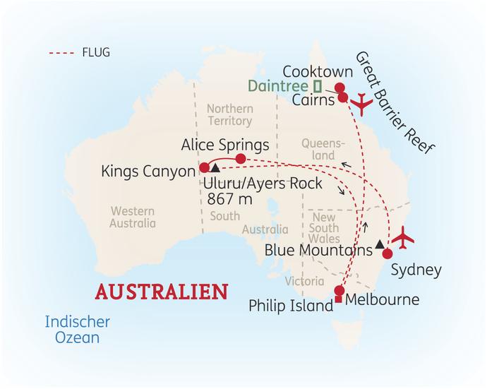 Reiseroute der 19 Tage Australien Reise