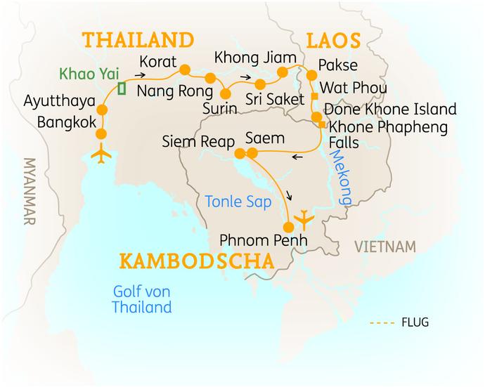 Reiseroute der 17 Tage Thailand, Laos & Kambodscha Reise
