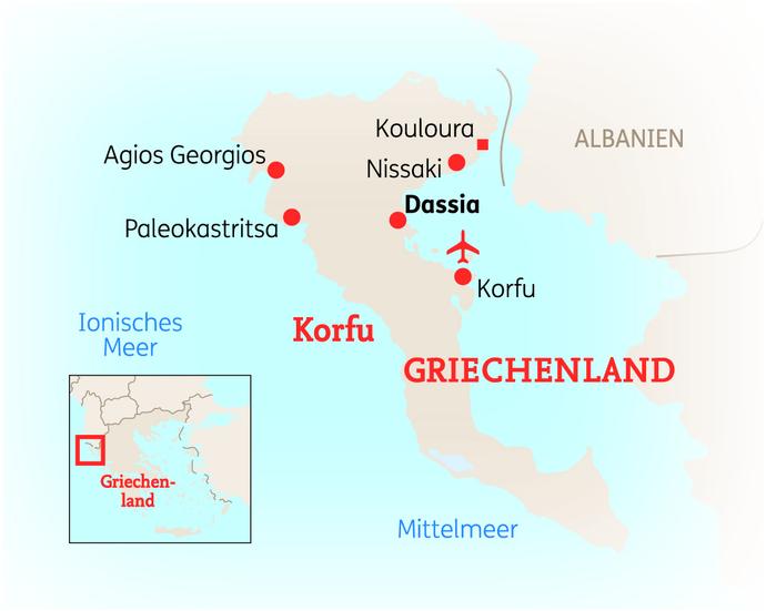 Reiseroute der 8 Tage Korfu Reise