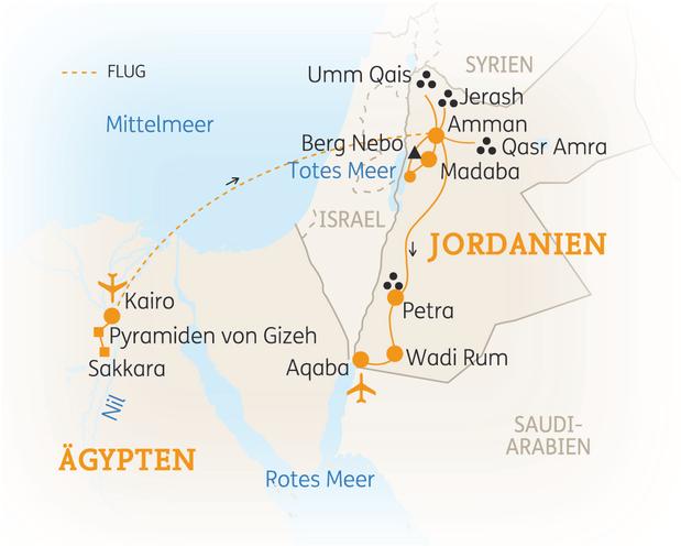 Reiseroute der 12 Tage Ägypten & Jordanien Reise