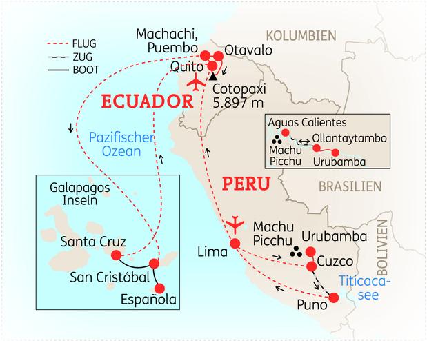 Reiseroute der 18 Tage Peru & Ecuador Reise