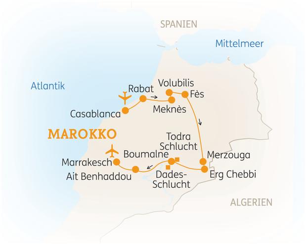 Reiseroute der 13 Tage Marokko Reise