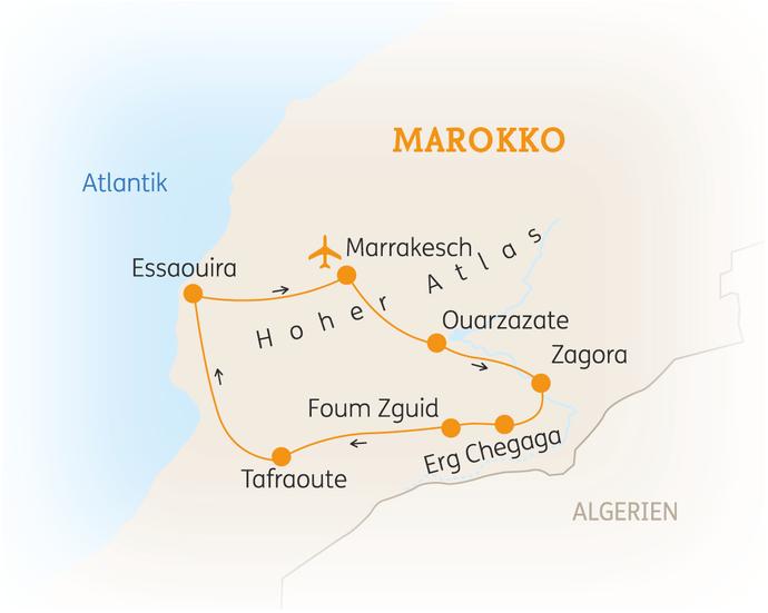 Reiseroute der 12 Tage Marokko Reise
