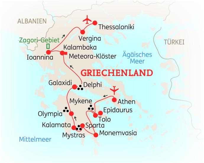 Reiseroute der 15-tägigen Griechenland-Reise 
