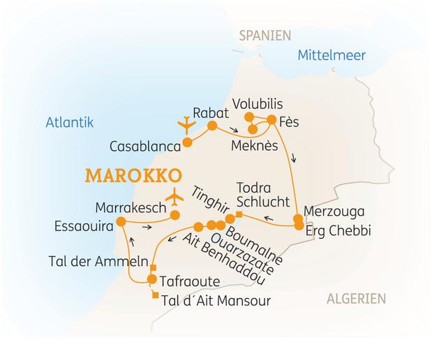 Reiseroute der 15 Tage Marokko Reise