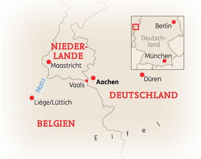 Reiseroute der 6 Tage Aachen, Maastricht & Lüttich Reise