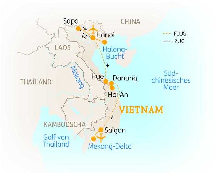 Reiseroute der 15 Tage Vietnam Reise