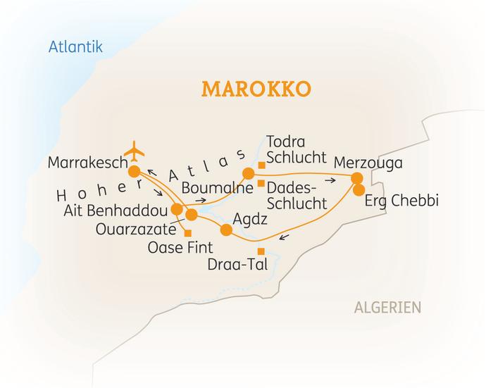 Reiseroute der 11 Tage Marokko Reise
