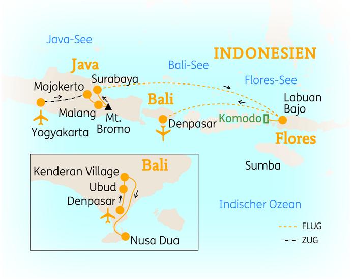 Reiseroute der 18 Tage Java, Komodo & Bali / Indonesien Reise