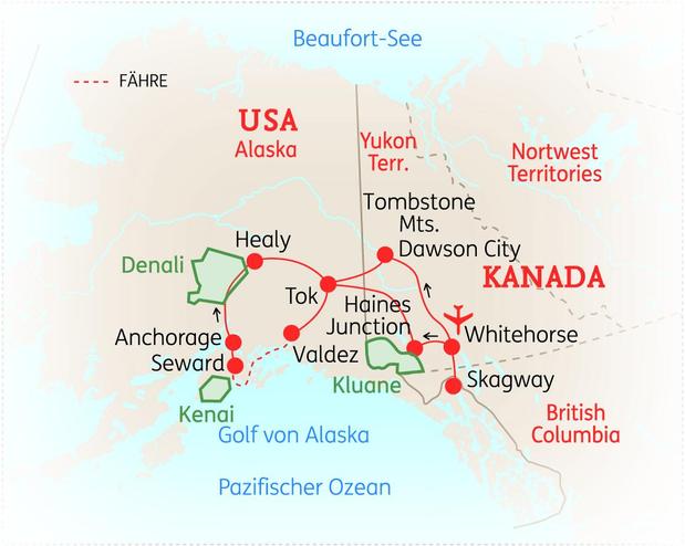 Reiseroute der 16-Tage Alaska & Yukon Rundreise