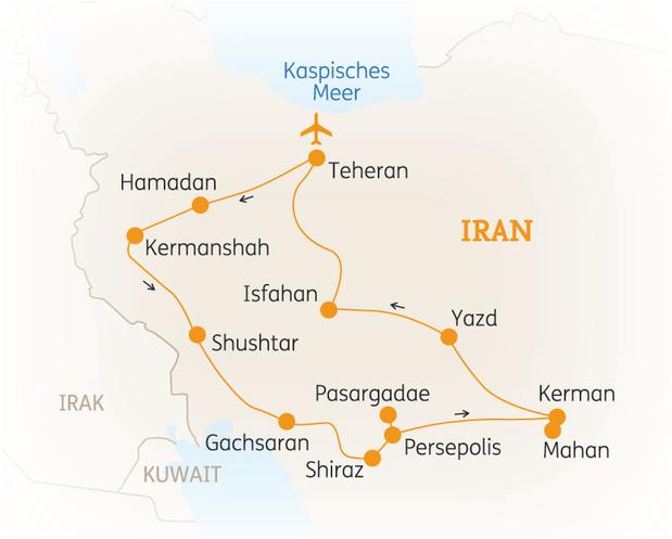 Reiseroute der 15 Tage Iran Reise