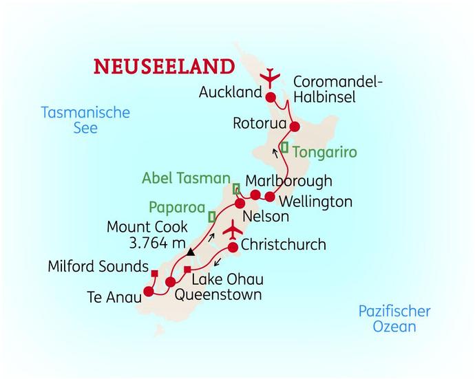 Reiseroute der 21 Tage Neuseeland Reise
