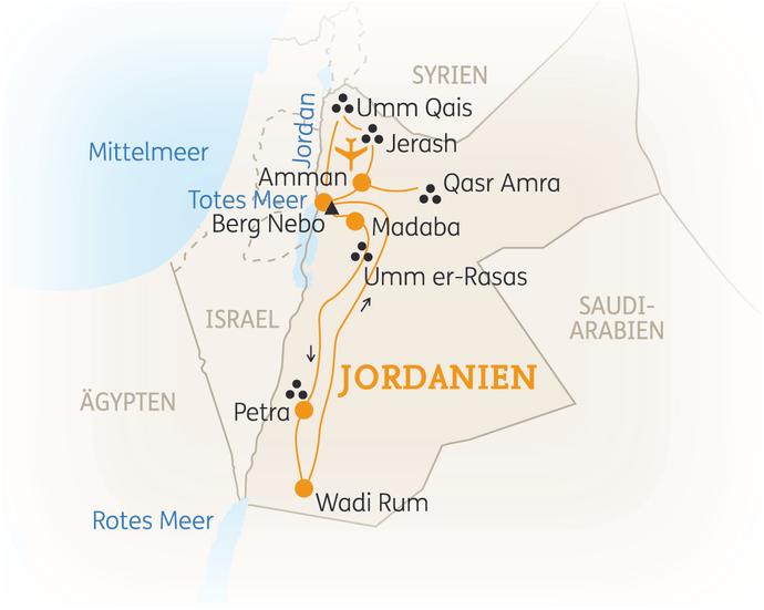 Reiseroute der 9 Tage Jordanien Reise