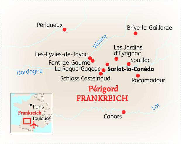 Reiseroute der 8 Tage Périgord/Dordogne Reise