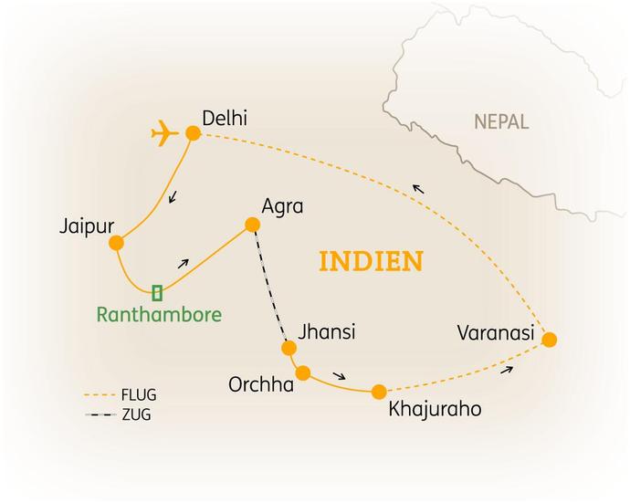Reiseroute der 14 Tage Indien Reise