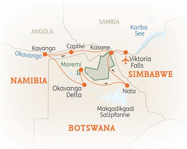 Reiseroute der 14 Tage Simbabwe, Namibia & Botswana Reise