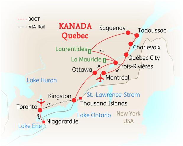 Reiseroute der 16-tägigen Kanadareise 