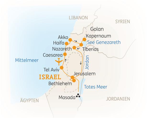 Reiseroute der 8 Tage Israel Reise