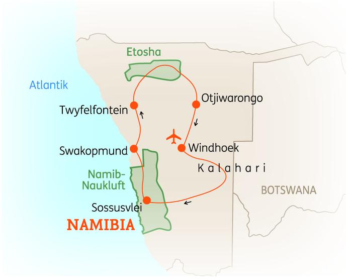Reiseroute der 14 Tage Namibia Reise