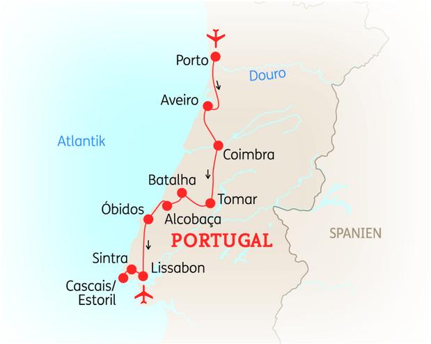 Reiseroute der 8 Tage Portugal Reise