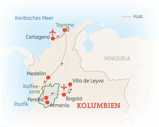 Reiseroute der 15-tägigen Kolumbien Rundreise