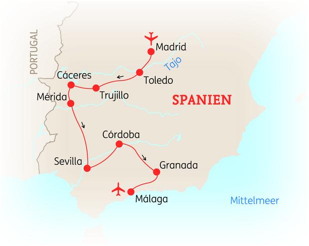 Reiseroute der 10 Tage Kastilien, Extremadura & Andalusien Reise