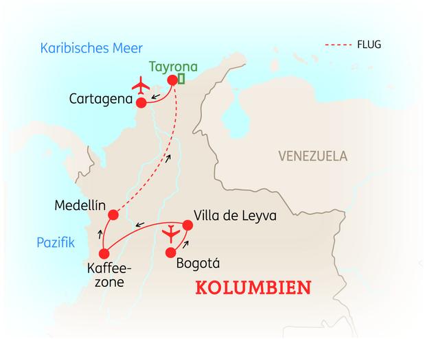 Reiseroute der 15 Tage Kolumbien Reise
