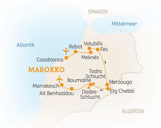 Reiseroute der 10 Tage Marokko Reise