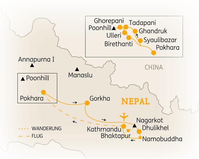Reiseroute der 15 Tage Nepal Reise