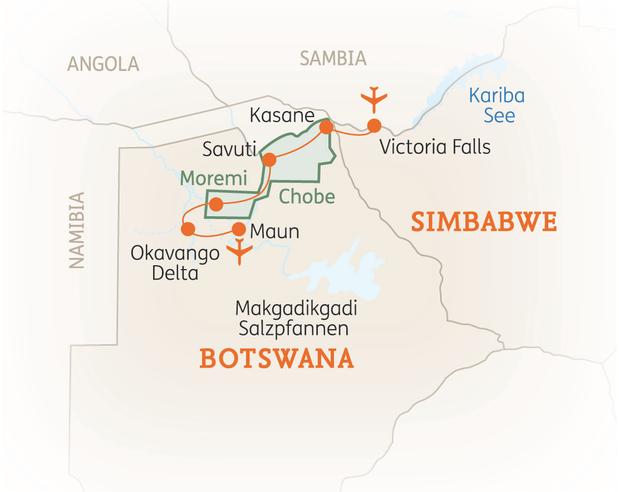 Reiseroute der 14-tägigen Botswana und Simbabwe Reise