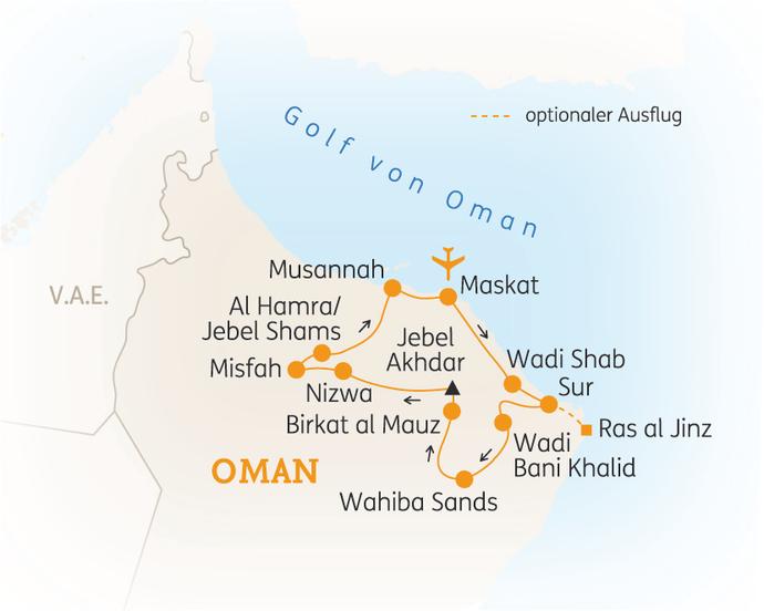 Reiseroute der 8 Tage Oman Reise