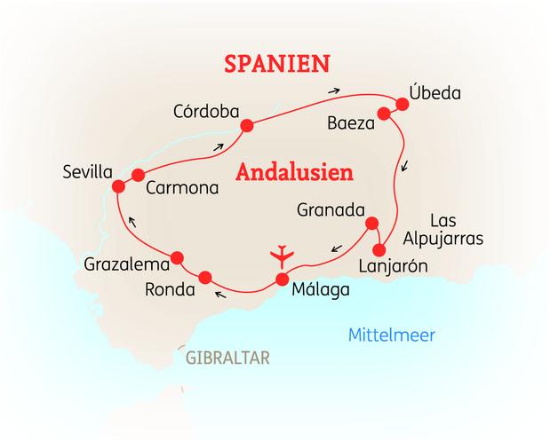 Reiseroute der 9 Tage Andalusien Reise
