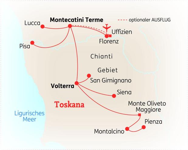Reiseroute der 10 Tage Toskana Reise