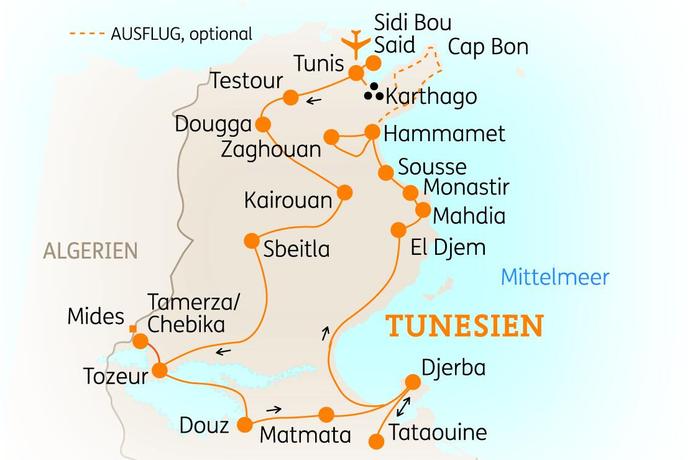 Reiseroute der 16-tägigen Tunesien Rundreise