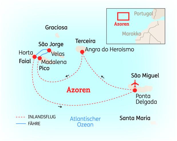 Reiseroute der 15 Tage Azoren Reise