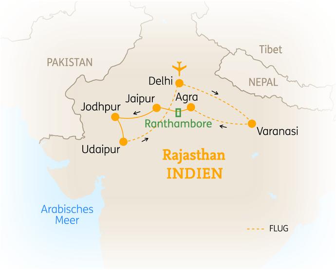 Reiseroute der 16 Tage Indien Reise