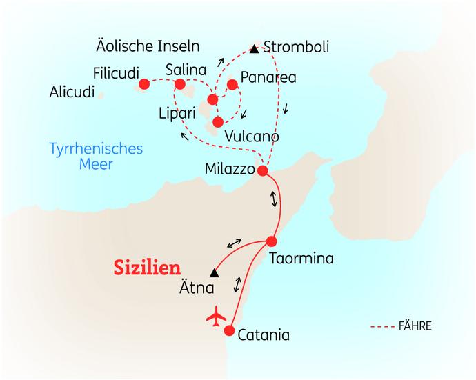 Reiseroute der 11 Tage Sizilien & Äolische Inseln Reise