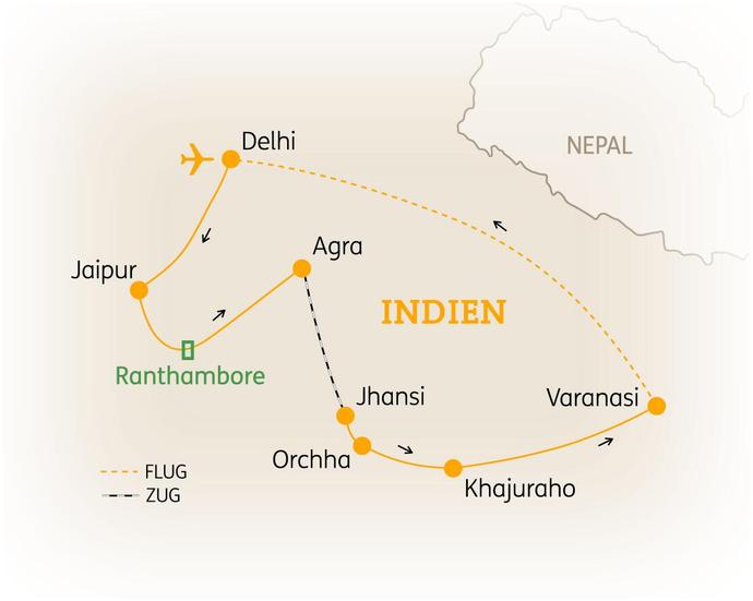 Reiseroute der 14 Tage Indien Reise