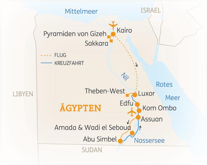 Reiseroute der 11 Tage Ägypten Reise