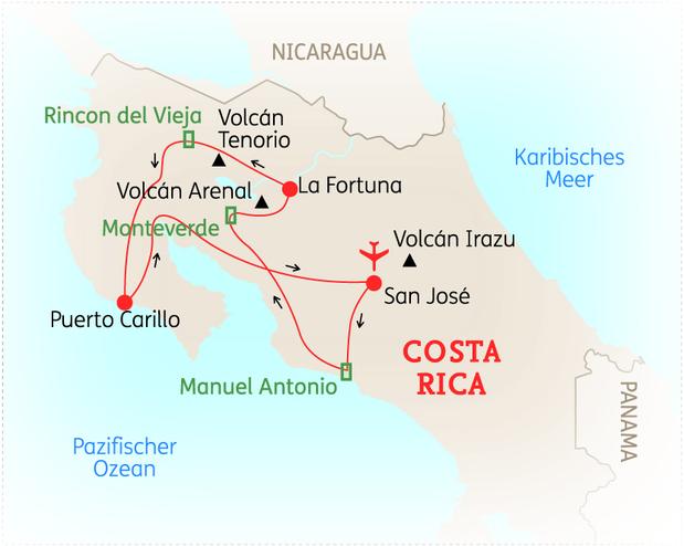 Reiseroute der 15 Tage Costa Rica Reise