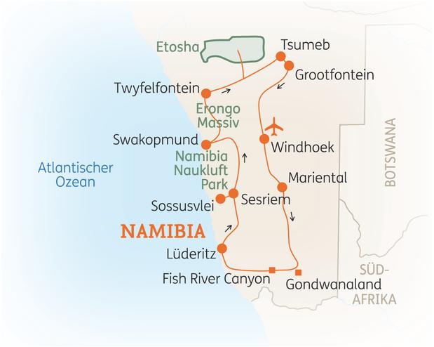 Reiseroute der 17 bis 18 Tage Namibia Reise