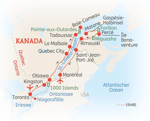 Reiseroute der 15 Tage Kanada Reise