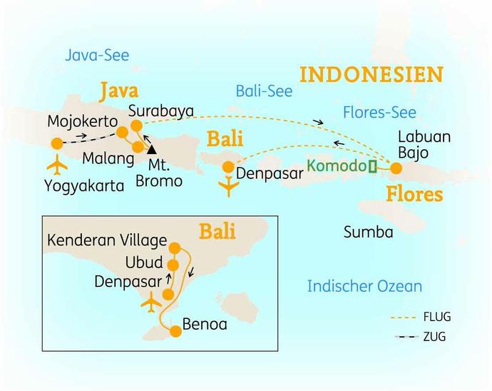 Reiseroute der 18 Tage Java, Komodo & Bali / Indonesien Reise