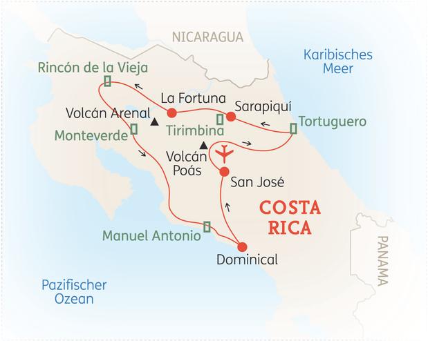 Reiseroute der 16 Tage Costa Rica Reise