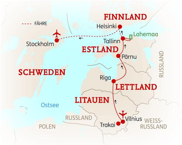 Reiseroute der 10-tägigen Baltikum Rundreise 